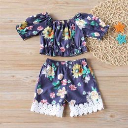 Girls Set Summer Flower Short Sleeve+Lace Edge Shorts 2Pcs Clothing Suit Kids Children Clothes 210528