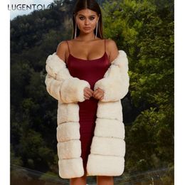 Women's Fur & Faux Lugentolo Long Coat Women Plus Size Thick Warm Winter Fashion Wide-waisted Open Stitch O-Neck Teddy