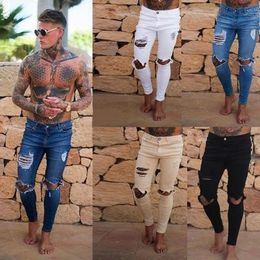 QNPQYX Men Hole Jeans 4 Colors Stretchy Ripped Skinny Jeans Destroyed Taped Slim Fit Denim Pants