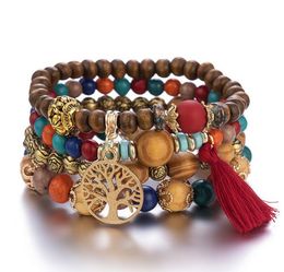 Multilayer Wood Beads Strands Tassel Tree Of Life Charm Bracelets Bohemian Beach Style Bangles For Women Gift Wrist Mala Bracelet 5 styles