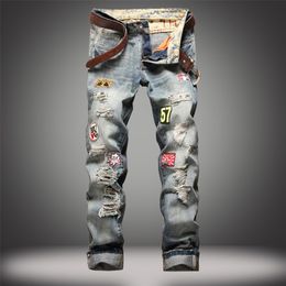 Fashion Men's Denim Pant Straight Destroyed Ripped Design Casual Jeans Pants Zipper Patch Jeans For Men Plus Size Jeans 211011
