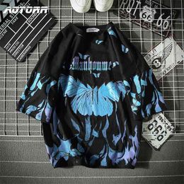 Blue Butterfly T Shirt Men Harajuku Hip Hop Short Sleeve Tees Casual Tops Streetwear Oversized T Shirts Cotton Mens Clothes 210726