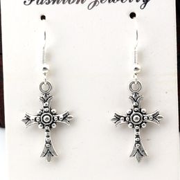 24Pairs/LotAntique Silver Alloy Cross Charm Chandelier Earrings Fish Ear Hook Jewelry 12x40.5mm A-269e