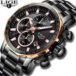 LIGE Mens Watches Top Brand Luxury Waterproof 24 hour Date Quartz Watch Man Full Steel Sport WristWatch Men Waterproof Clock+Box 210527