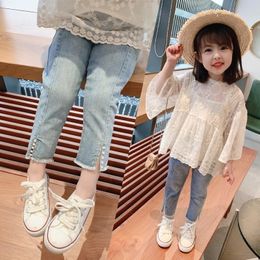 Jeans Children Loose Fashion Girls 2021 Spring And Summer Thin Section Casual Slit Pearl Smoke Tube Pants Female Baby Trousers