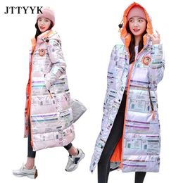 Plus Size Clothing Hooded Jacket Woman Winter Thick Harajuku Print Snow Coat Female Long Puffer Jackets Waterproof Parkas 211008