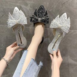 Slippers Women Sexy Rhinestones Bow-knot Design Mules Summer Charm Pointed-Toe Ladies Office Shoes Pumps Solid Color Woman