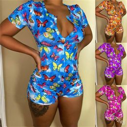 Women's V-Neck Sexy One-piece Romper Swimsuit Colourful Butterfly Printing Slim Button Short Sleeve Jumpsuit Bodysuit S-5XL Jumpsuits & Rompe