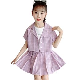 Clothes For Girls Plaid Pattern Suit Jacket + Skirt Set Summer Children's 6 8 10 12 14 210527
