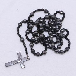 Pendant Necklaces Free EPacket Ship High Quality Men Jewelry Est Design Hematite Semi-pricious Beads Stainless Steel Cross Rosary