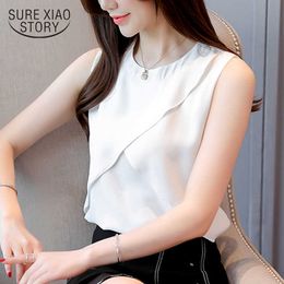 Fashion women and tops white blouse shirts harajuku ladies tops off shoulder top Sleeveless chiffon blouse Solid 3635 50 210527