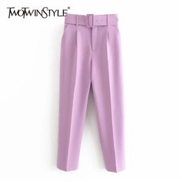 TWOTWINSTYLE Casual Solid Color Pants For Women High Waist Belt Straight Long Female Spring Womens Clothing 210925