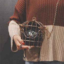 Women's Birdcage Evening Bag Clutch Metal Frame Embroidery Bucket Bird Cage Mini Purse Women Gold Tassel Handbag 211025