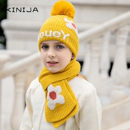 Children Knitted Warm Hat Rabbit Hair Inside Scarf Hat Set Letter flower embroidery velvet thick hat with Hair ball Long scarf