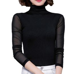 Sexy Mesh Tops Blouse Women Turtleneck Long Sleeve Tops Elasticity Black Shirt Silm Blusas Mujer De Moda Casual Shirts New 210315