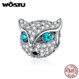 WOSTU 100% 925 Sterling Silver Blue CZ Eyes Kitty Cat Beads Fit Charm Original Bracelet Pendant Beads For Jewellery Making CQC1131 Q0531