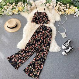 Women's Summer Sets Vacation Style Printed Short Camisole Pleated High-waist Wide-leg Pants Two-piece New Casual Sets NN96A Y0702