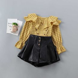 1-7 years high quality girl clothing set spring autumn fashion plaid shirt + leather pant kid children girls 210615