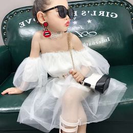 Summer Casual Baby Girls Solid Pattern Off-shoulder Sleeveless Mesh Fairy Dress Cotton Kids Toddler Sundress Super Pretty LT