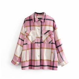 Stylish Sweet Pink Plaid Woollen Blouse Cute Girls Fashion Autumn Chic Pockets Thick Warm Turn-Down Collar Shirts 210225