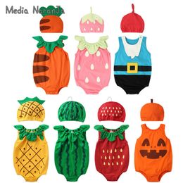 summer baby boys girls unisex fruit type hat with bodysuit infant toddler cotton cute jumpsuit photography outfits 210226