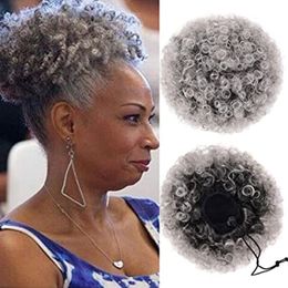 Natural Brazilian Virgin Human silver Puffs Drawstring Grey Ponytail Bun Hairpieces Updo Hair Puff afro Kinky Curly Large Size Gray short pony