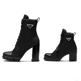 2023 Luxury Designer Women Ankle Boots Heel Leather And Nylon Fabric Booties Fashion Biker Australia Platform Heels Winter Sneakers Size 35