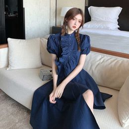 Summer Puff Short Sleeve Halg High Collar Irregular Dress Women Single-breasted High Waist Casual Retro Sexy Vestido Feminino 210610