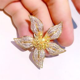 Pins, Brooches Luxury Yellow Crystal Flower Pins For Women Elegant Zircon Brooch Wedding Jewelry Vintage Corsage Scarf Broche Pin