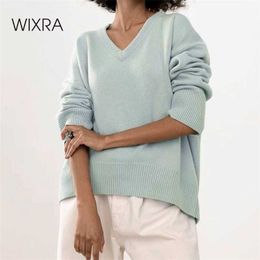 Wixra V Neck Sweaters Women Pullover Femme Jumper Korean Fashion Ladies Solid Knitwear Top Autumn Winter 211007
