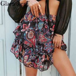 Glamaker Ethnic vintage printed high waist skirt Ruffles holiday beach mini Spring summer A-line floral s 210619