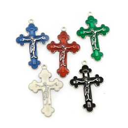 Enamel Crucifix Cross Jesus Charms Pendant Religion Jewelry Findings & Components 5Colors Antique Silver Pendants Jewelry DIY L424 100pcs/lot 21x33.5mm Blessing