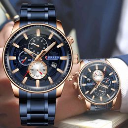 Curren Watches Mens Fashion Sports Wristwatch with Chronograph Luminous Hands Clock Male Watch Blue Stainless Steel Band Q0524