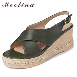 Meotina Shoes Women Genuine Leather Sandals Wedges Super High Heel Sandal Round Toe Cow Leather Ladies Footwear Summer Green 210608