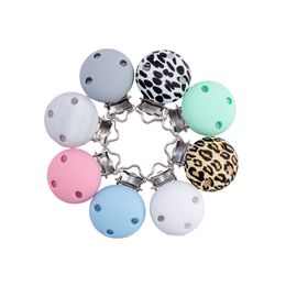 clips for pacifiers wholesale UK - Macaroon Silicone Beads Pacifier Clips Leopard Making Baby Teething Necklace Accessories Metal Anti Falling Chain Clip Nipple DIY 20220305 H1