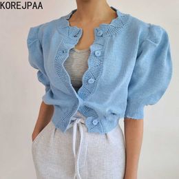 Korejpaa Women Sweater Summer Korean Chic Girl Temperament Lace Round Neck Lloose Single-Breasted Puff Sleeve Knit Cardigan 210526