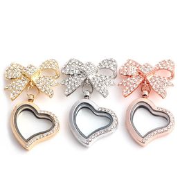 Pins, Brooches 3PCS Bowknot Half Rhinestone Crooked Heart Glass Living Memory Lockets Fit Floating Charms Pendant Jewellery