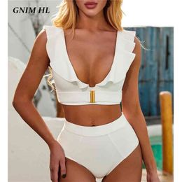 GNIM Ruffle Bikini Swimwear Women With Belt Summer Solid Swimming Suit For High Waist Brazilian Swimsuit Two Pieces 210702