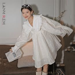 LANMREM autumn Peter pan collar a-line above-knee length street wear lovely Princess style long sleeve white dress 2A534 210309