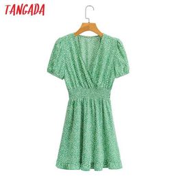Tangada Summer Women Green Leaf Chiffon Dress V Neck Short Sleeve Ladies Mini Dress Vestidos 1F103 210609