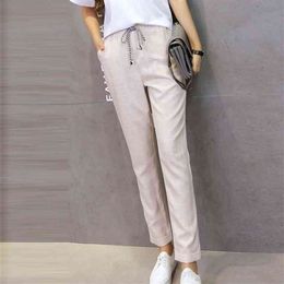 summer women's spring pants elastic waist plaid casual pencil fashion ankle-length harem lady trousers female 210607