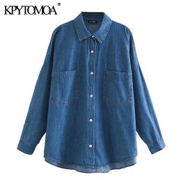 KPYTOMOA Women Fashion With Pockets Oversized Denim Blouses Vintage Long Sleeve Snap-button Loose Female Shirts Chic Tops 210225