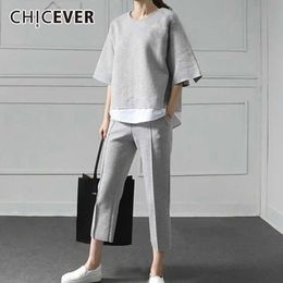 CHICEVER Autumn Two Pieces Set Women Suit Patchwork Hem Top With Elastic Waist Plus Size Calf Length Pants Female Clothes New Y0625