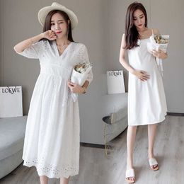 1695# White Cotton Lace Maternity Dress Summer Korean Fashion V neck Clothes for Pregnant Women Slim Waist Pregnancy Dress Suit