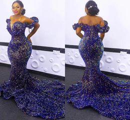 Long Sparkly Women Evening Dresses Sexy Mermaid Off The Shoulder Sweetheart Royal Blue Sequined African Formal Prom Dress