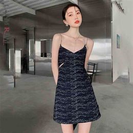 Women Sling Dress Navy Blue Girl V Neck Thin Backless Suspender Temperament Loose Fit Fashion Summer 2H618 210526