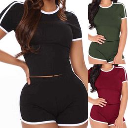 Casual Women 2PCS Set Short Sleeve Crop Top Shorts Run Gym Sports Clothes Suit Sweatsuit Summer Pullover Outfit Tracksuits X0629