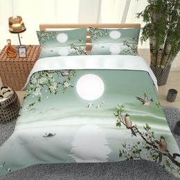 Single Full Double Bed Linen Flat Sheet fresh green moon bedding set 3D Bedding Sets