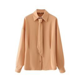 Elegant Women Solid Pink Shirts Fashion Ladies Necktie Pleated Tops Streetwear Female Chic Button Loose Blouses 210527