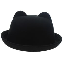 Women's Candy Colour Wool Woollen Felt Cat Ear Curling Fedora Bowler Top Hat Cap 22"